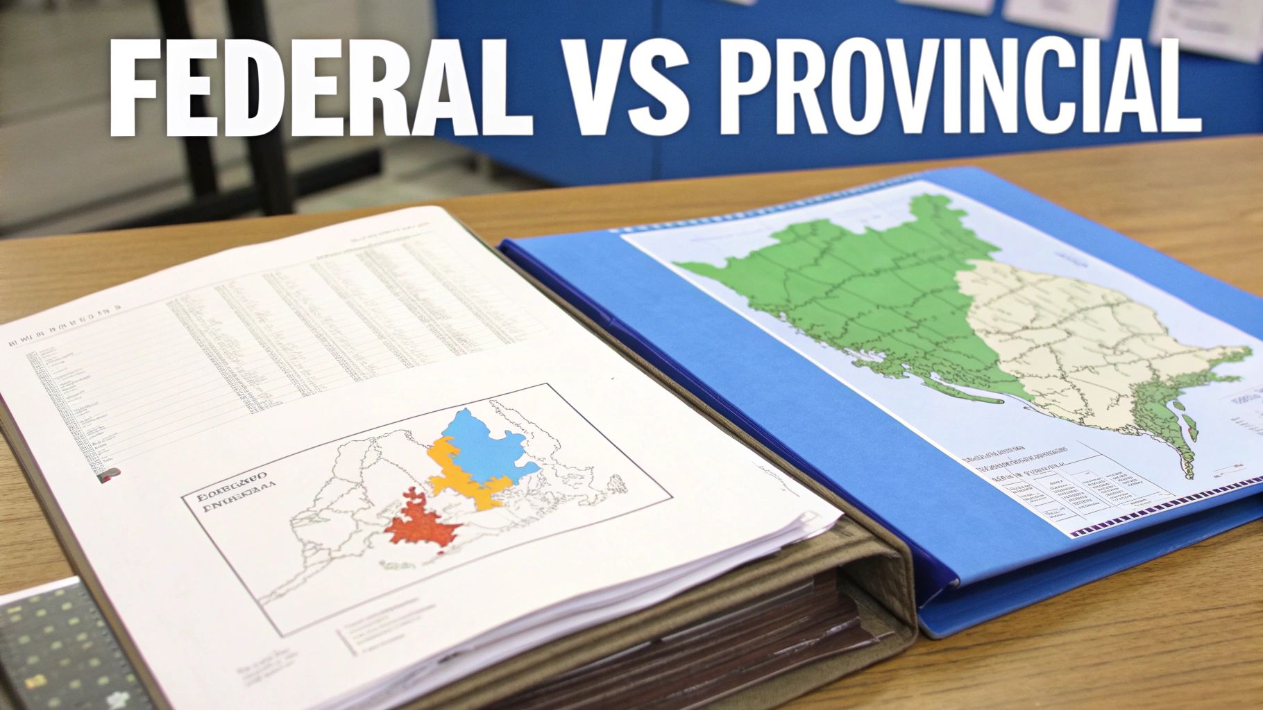 Educational materials on federal vs. provincial divisions, including maps and binders on a desk.
