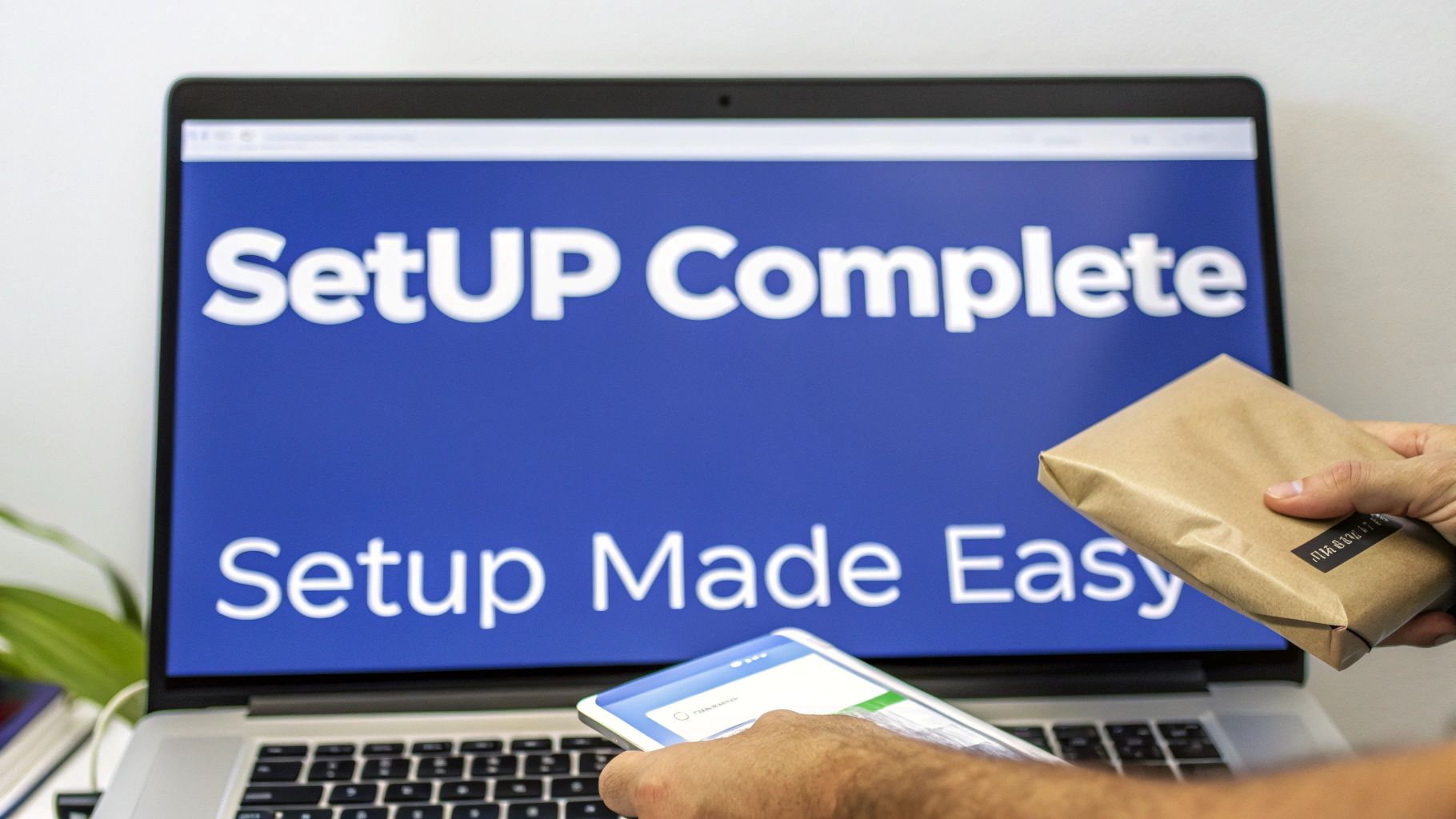 Hands hold a smartphone and a package in front of a laptop displaying 'SetUP Complete' and 'Setup Made Easy'.
