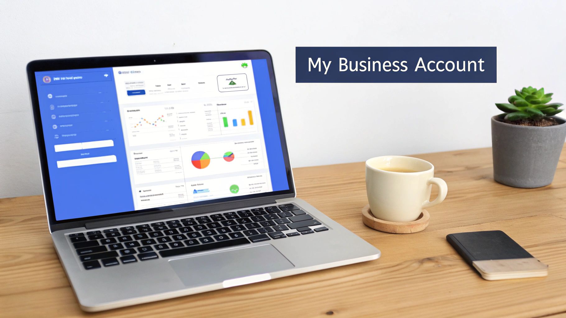 A laptop displaying a business account dashboard with charts, a coffee cup, and a plant on a wooden desk.