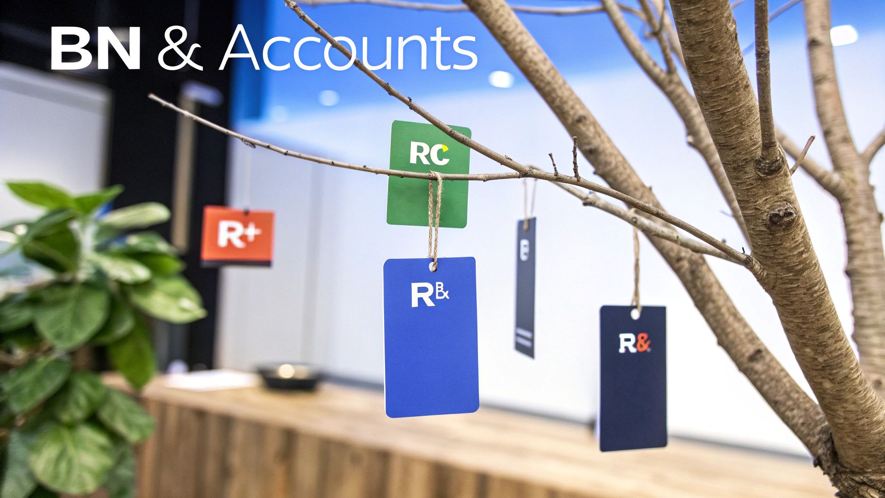 Colorful tags with company logos hang from a tree, representing different accounts or services.