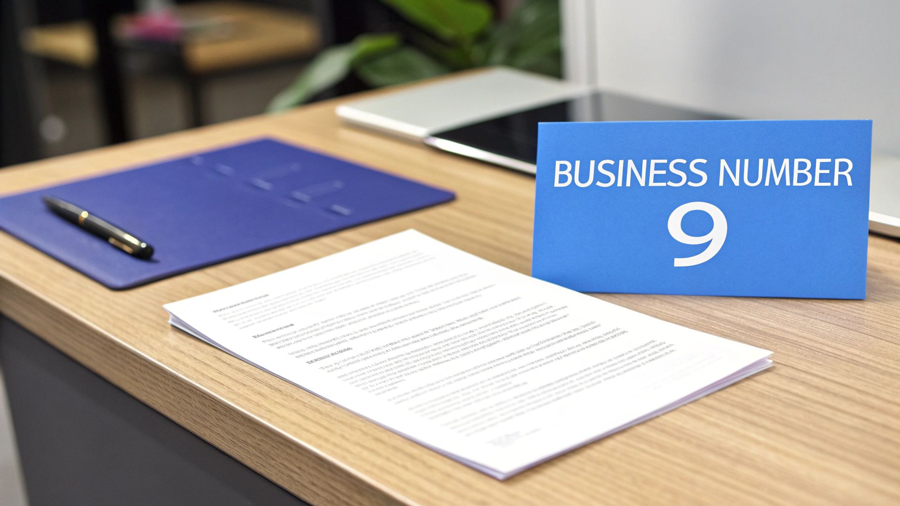 A blue sign displaying 'BUSINESS NUMBER 9' on a wooden desk with documents and a pen.