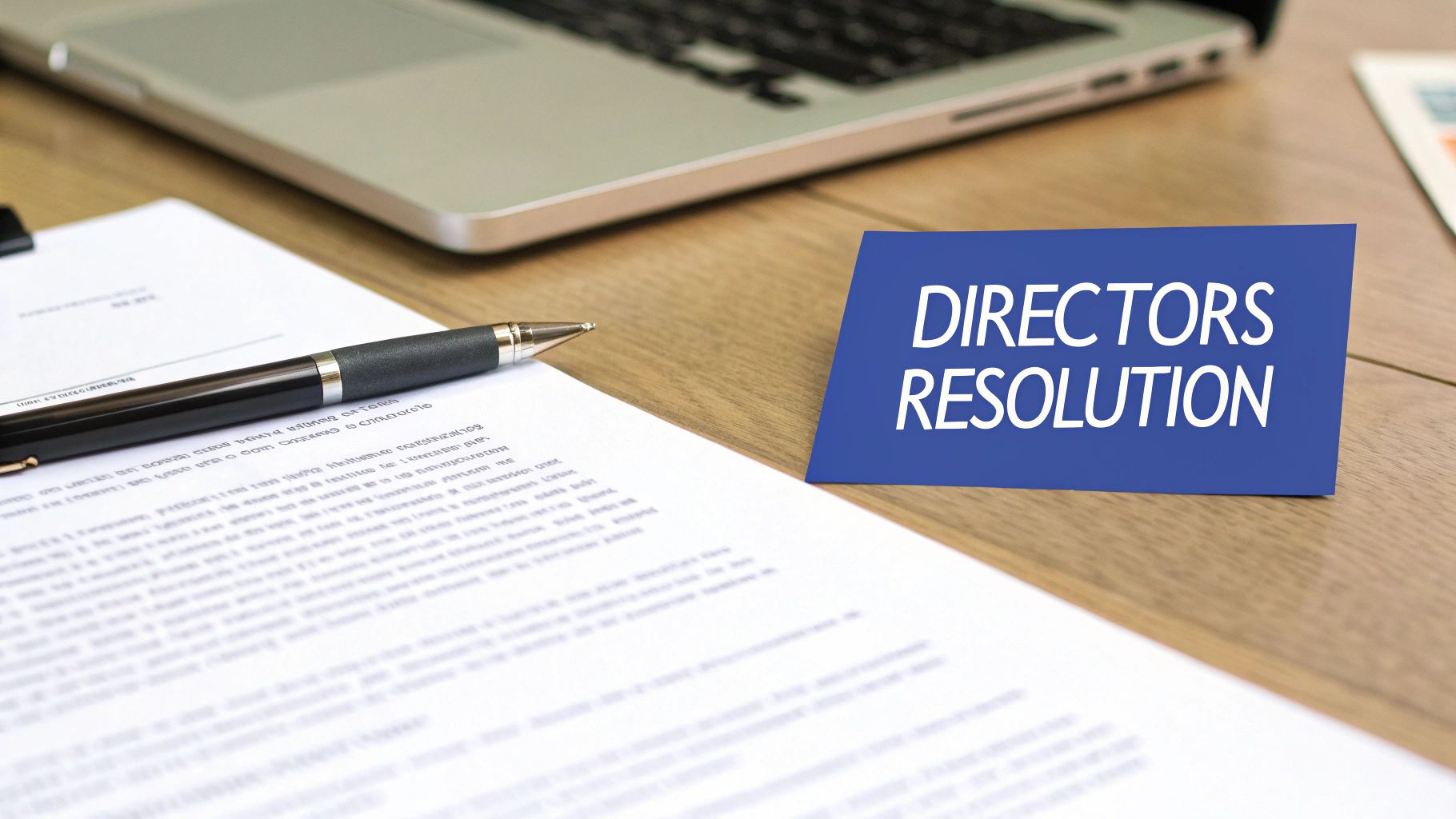 A blue card with 'Directors Resolution' text, a pen, and a document on a wooden desk.