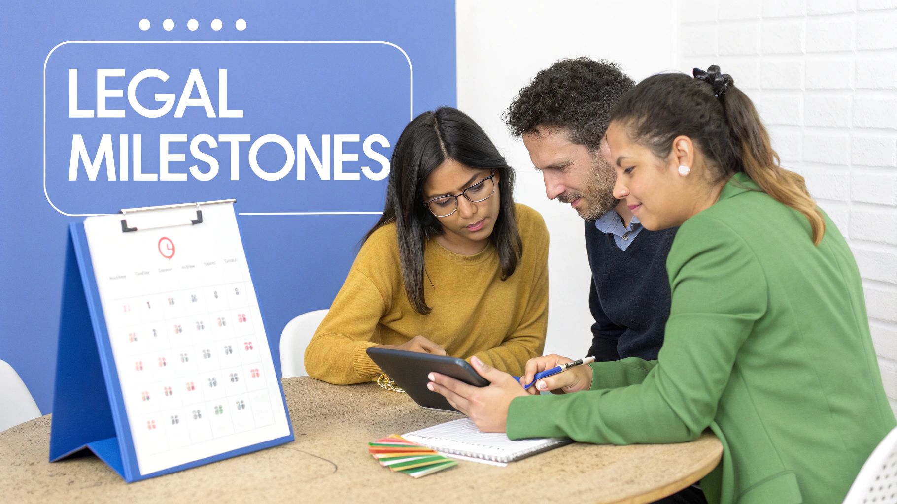 Three professionals discuss legal milestones while looking at a tablet and calendar at a table.