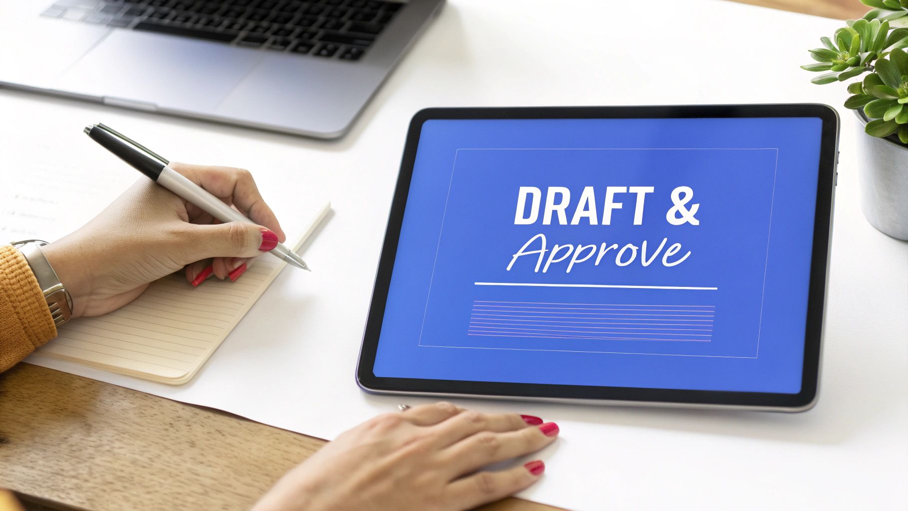 A person's hands writing in a notebook next to a tablet displaying 'DRAFT & Approve'.