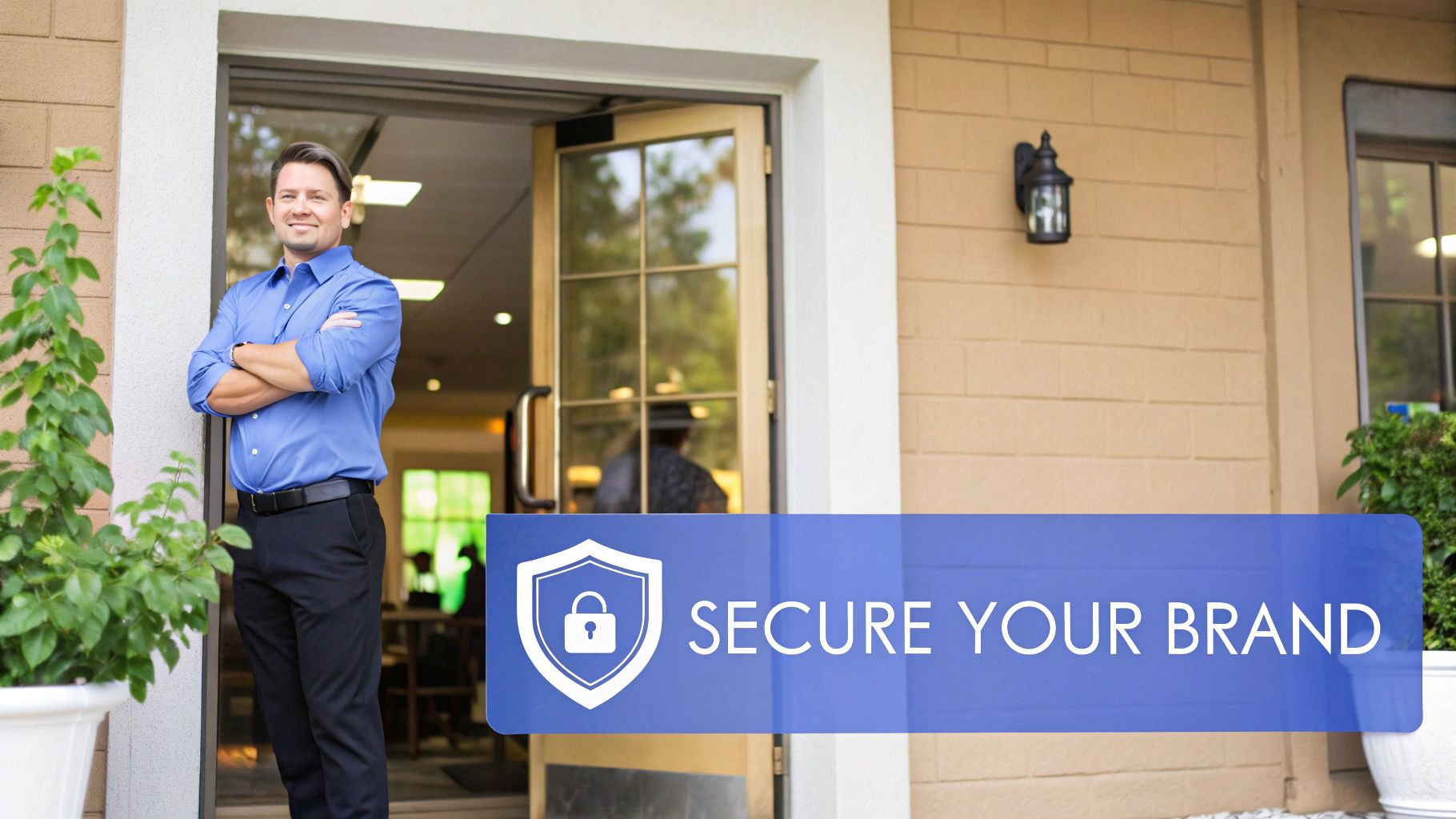 A smiling man in a blue shirt stands with crossed arms in a doorway, next to a 'Secure Your Brand' banner.