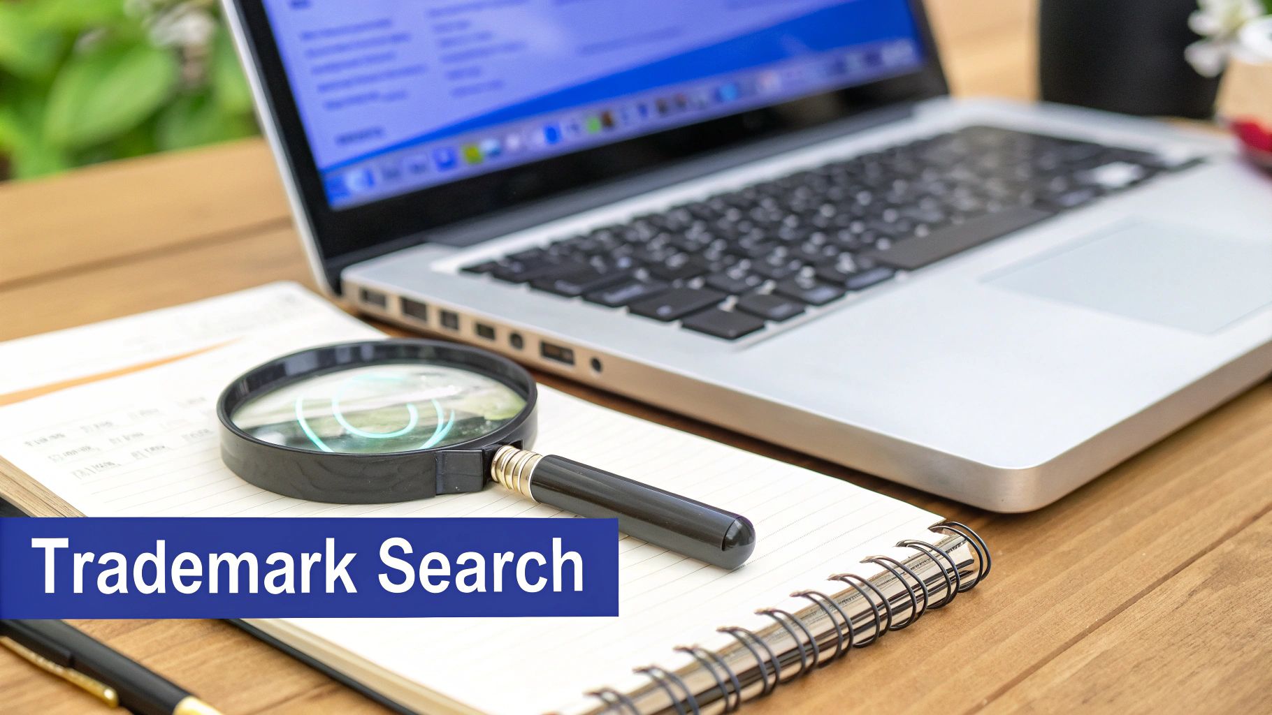 A magnifying glass on a notebook next to a laptop on a wooden desk, symbolizing a trademark search.