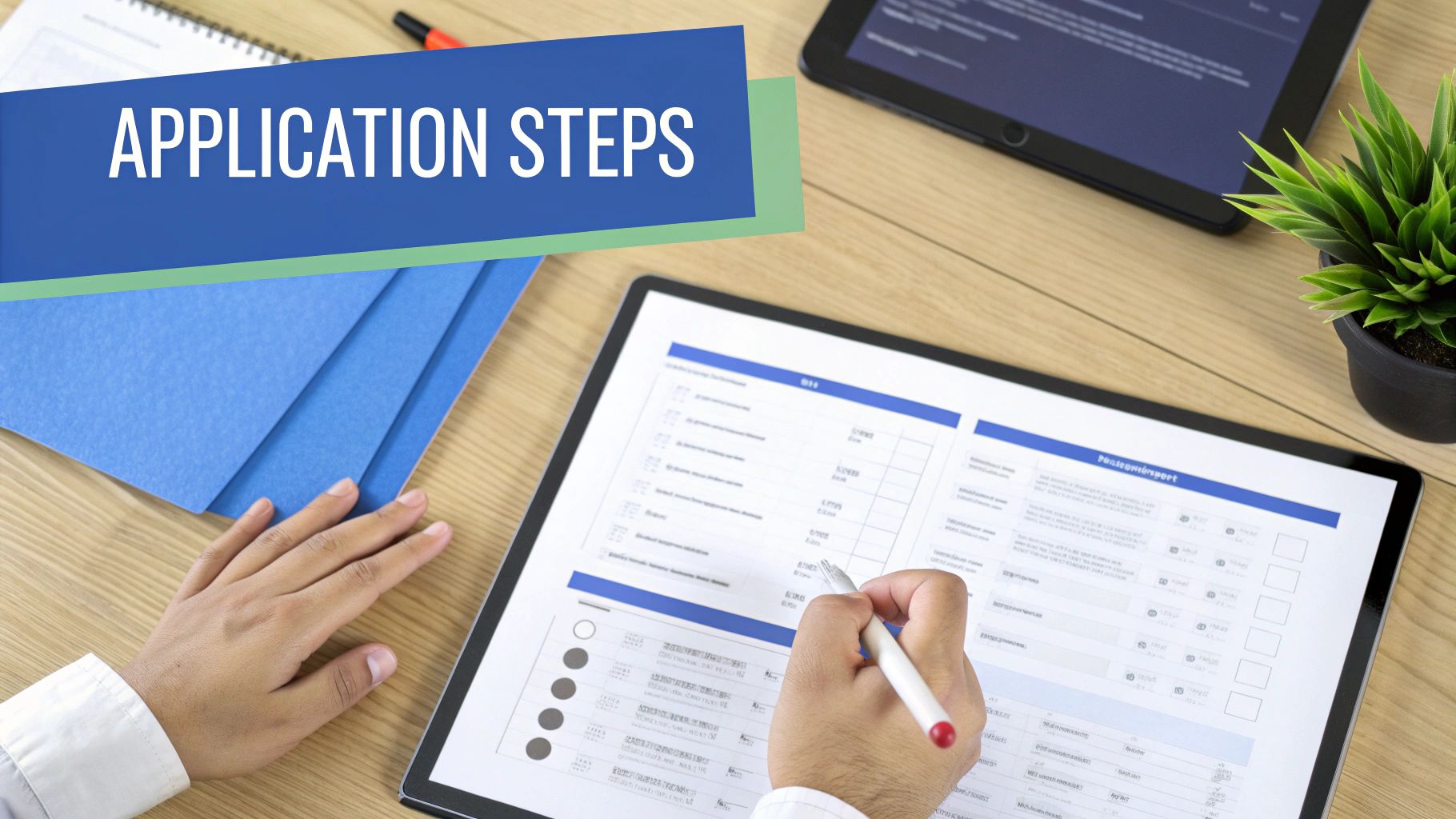 A person's hands filling out an application form on a tablet, with 'APPLICATION STEPS' text.