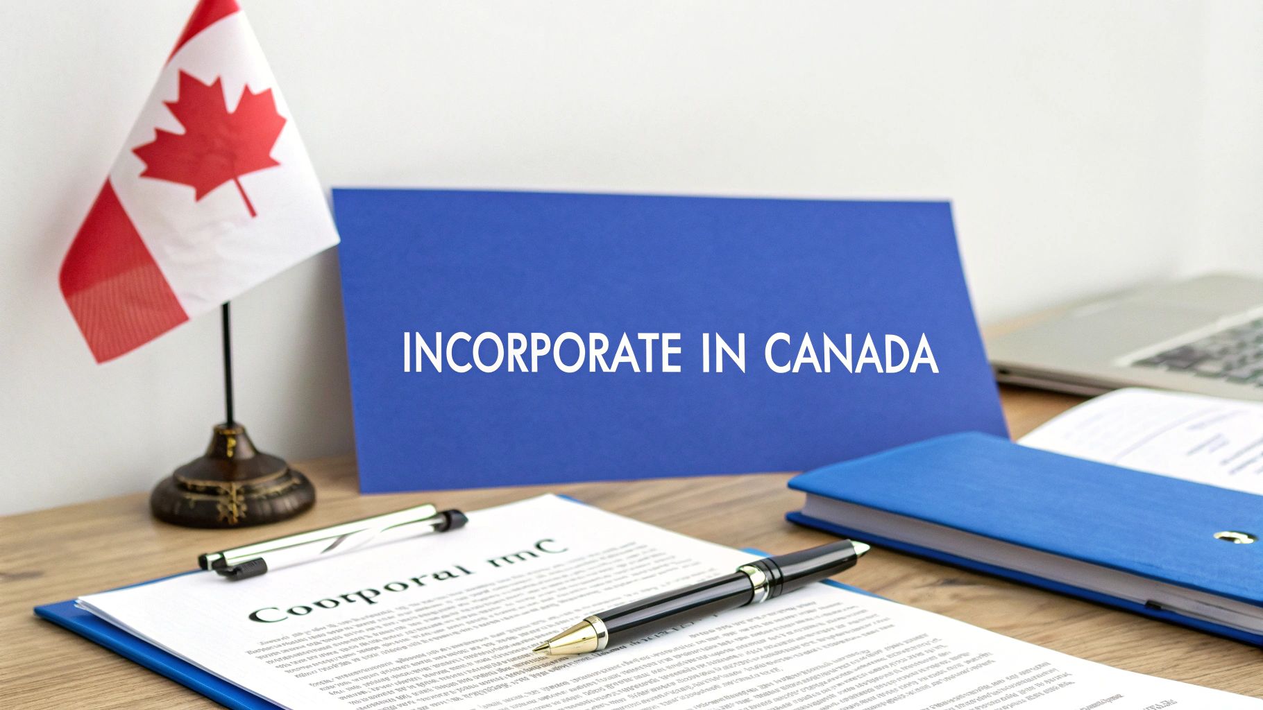 A Canadian flag, documents, and a blue sign reading 'INCORPORATE IN CANADA' on a desk.
