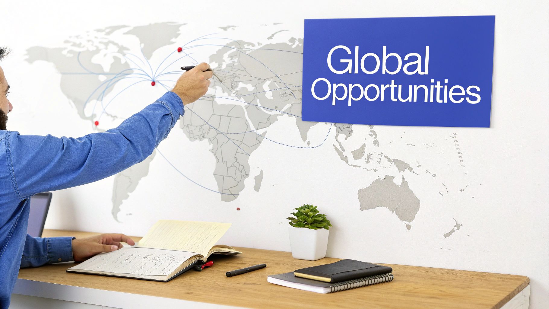 Man in blue shirt pointing at a world map with global connections and 'Global Opportunities' sign.