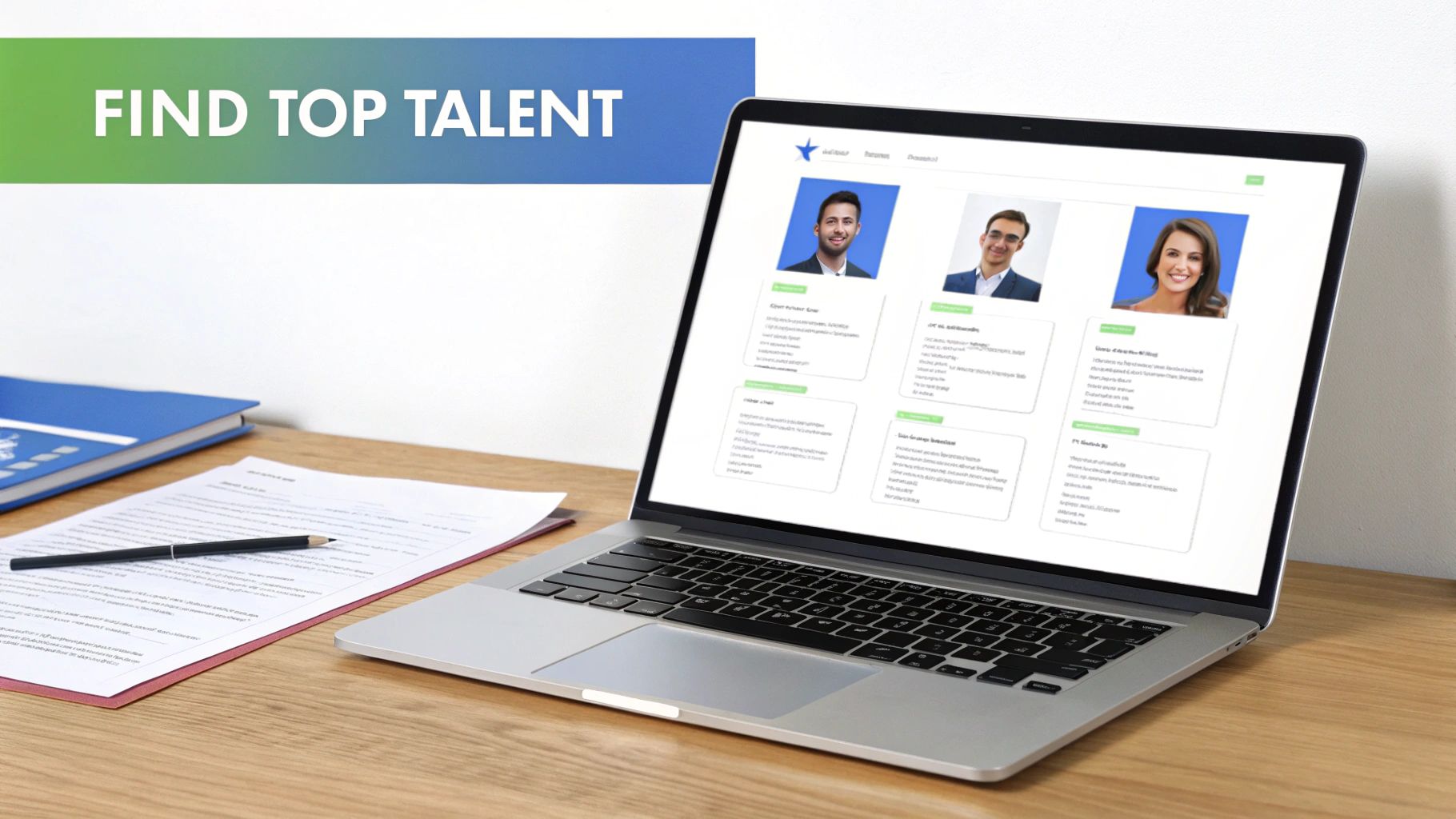 A laptop screen displays profiles of job candidates on a hiring platform, with documents and a pen on a desk.