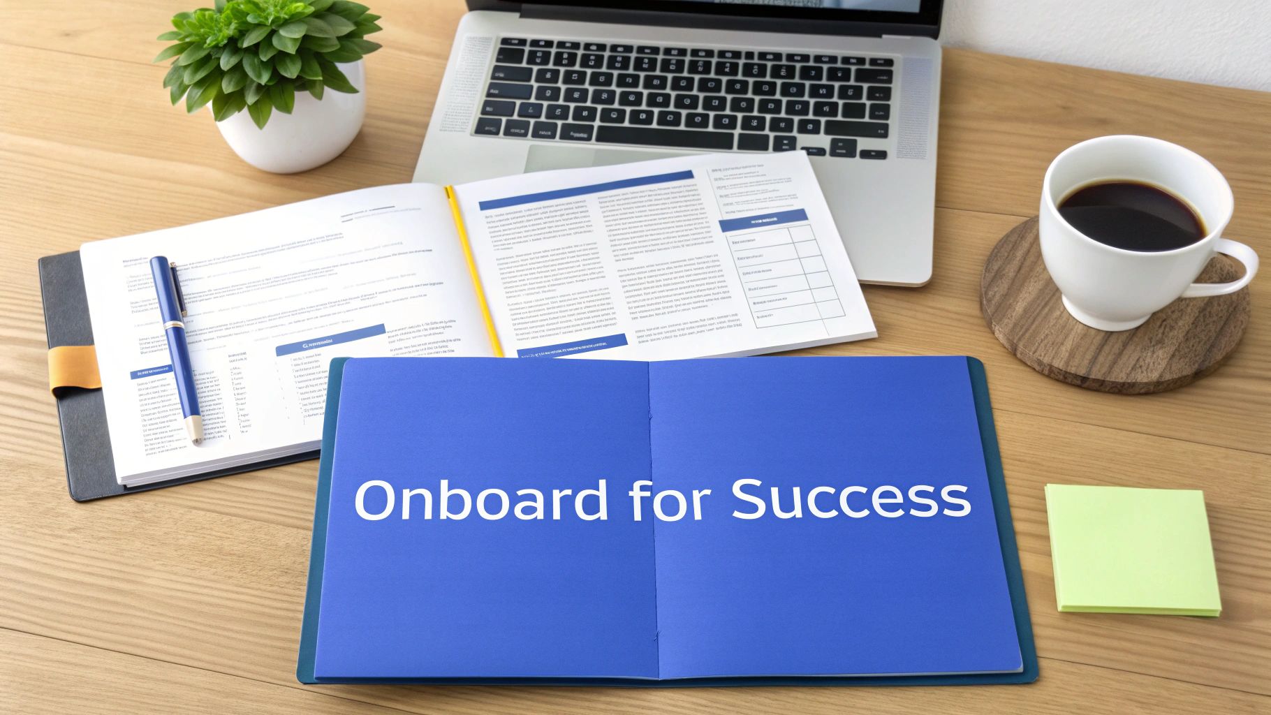 A flat lay of a desk with a laptop, coffee, plant, open book, and a blue folder titled 'Onboard for Success'.