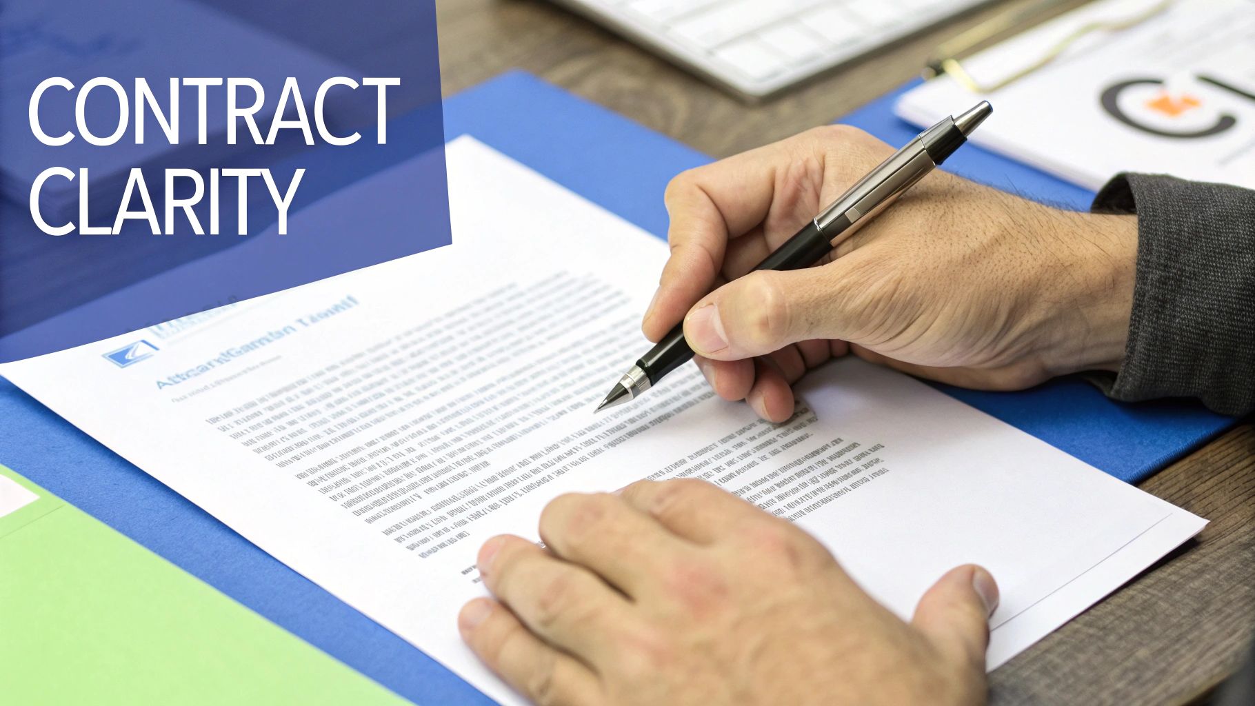 A person's hands sign a business contract document, emphasizing clarity in agreement.