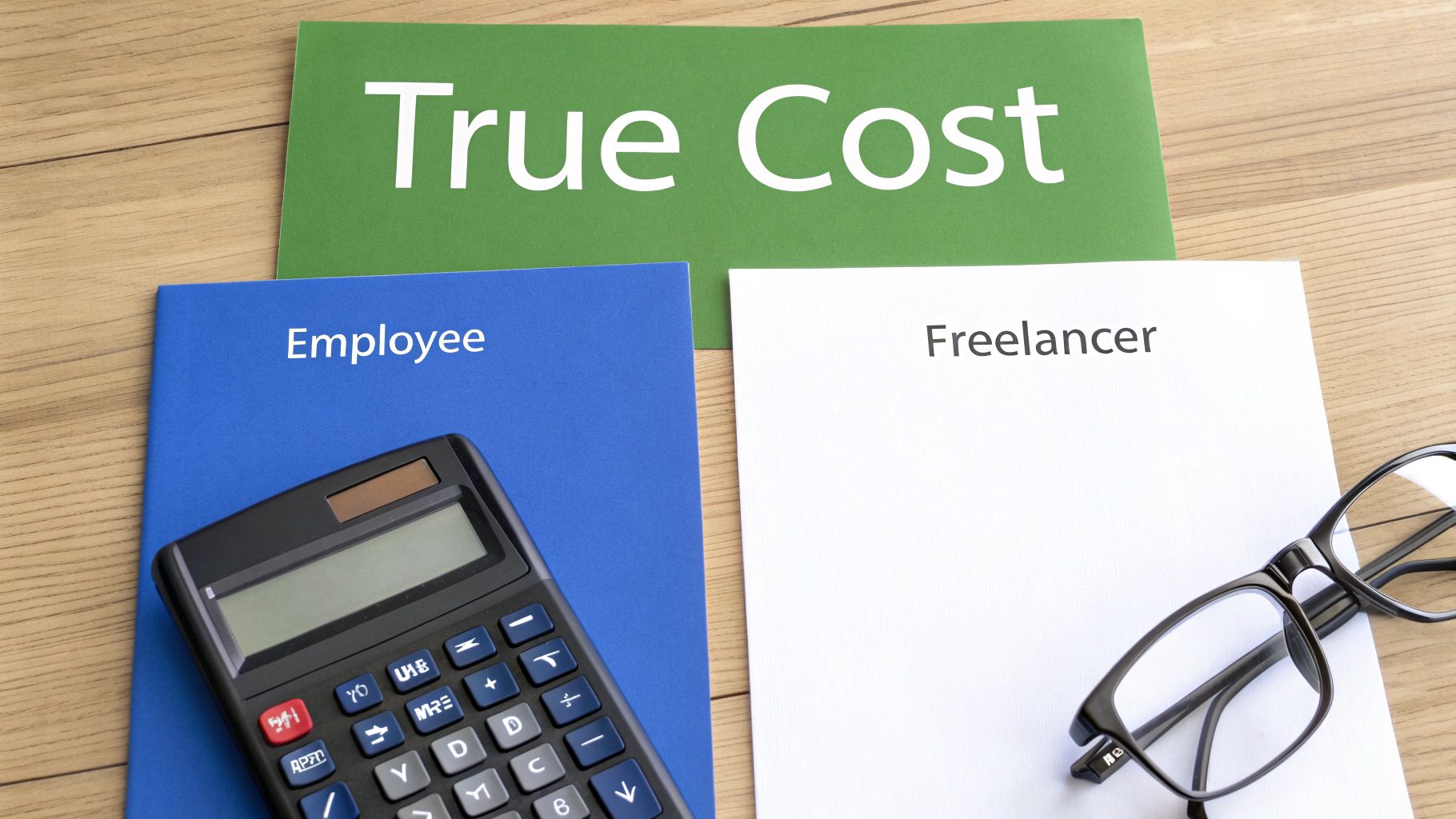 A calculator and glasses on papers labeled 'Employee' and 'Freelancer' under a 'True Cost' sign.