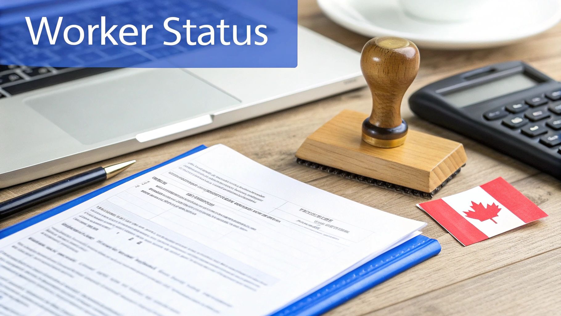 Documents for worker status, a Canadian flag, stamp, and calculator on a wooden desk.