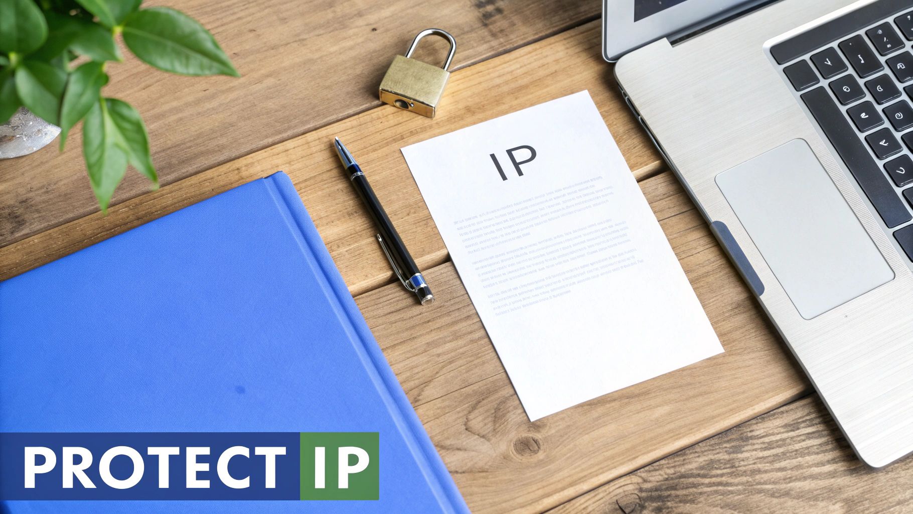Overhead view of a desk with an 'IP' document, padlock, laptop, pen, and blue book, symbolizing intellectual property protection.