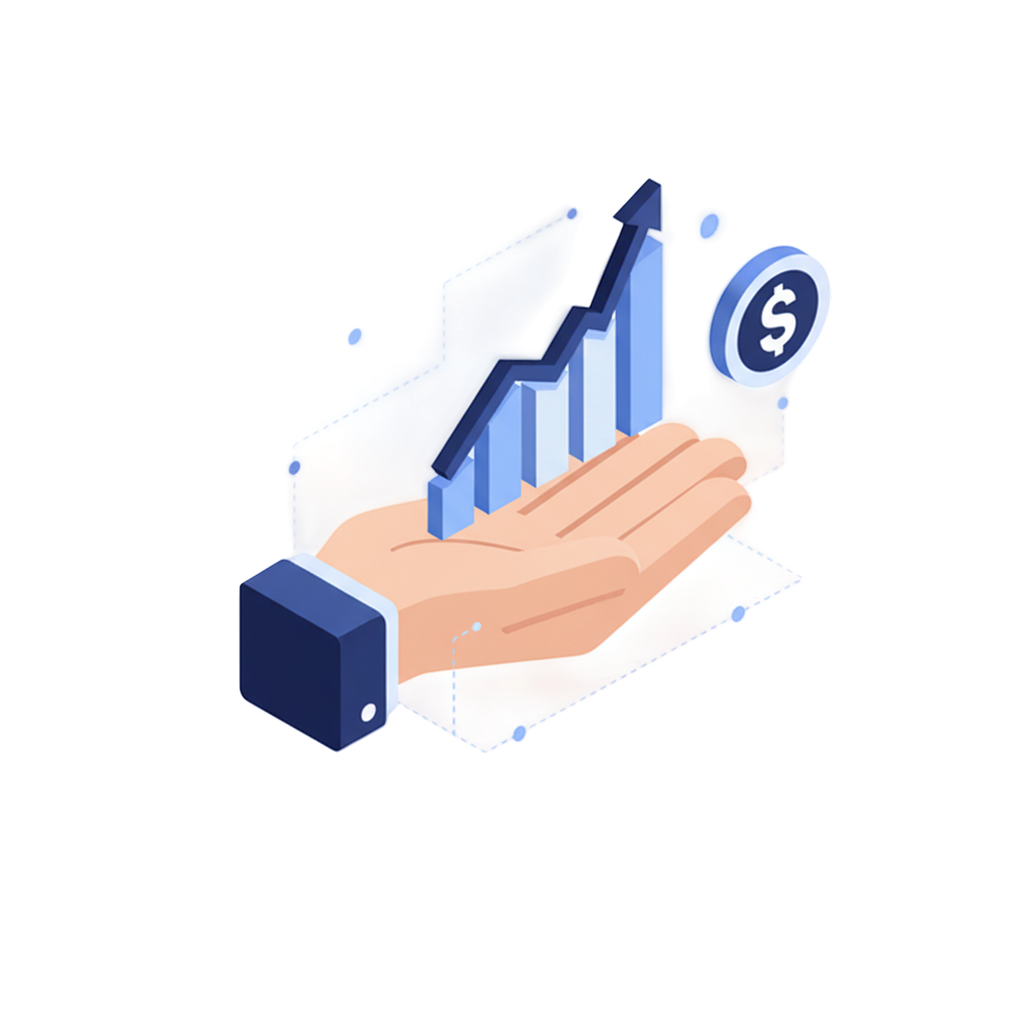 一只手掌托着增长的条形图和美元符号,象征财务增长和盈利。