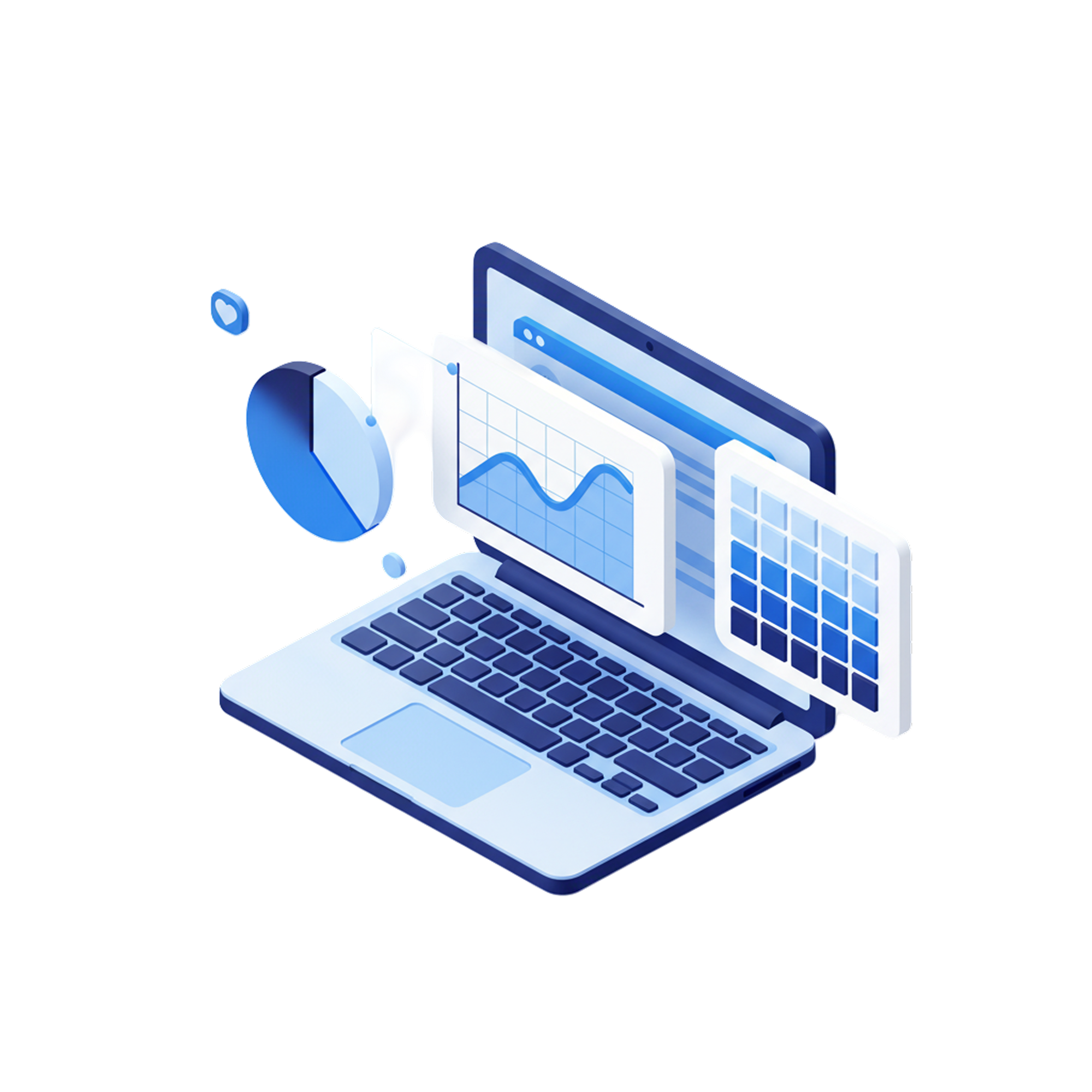 蓝色主题的笔记本电脑上悬浮显示有饼图、折线图和色彩网格的数字分析界面。