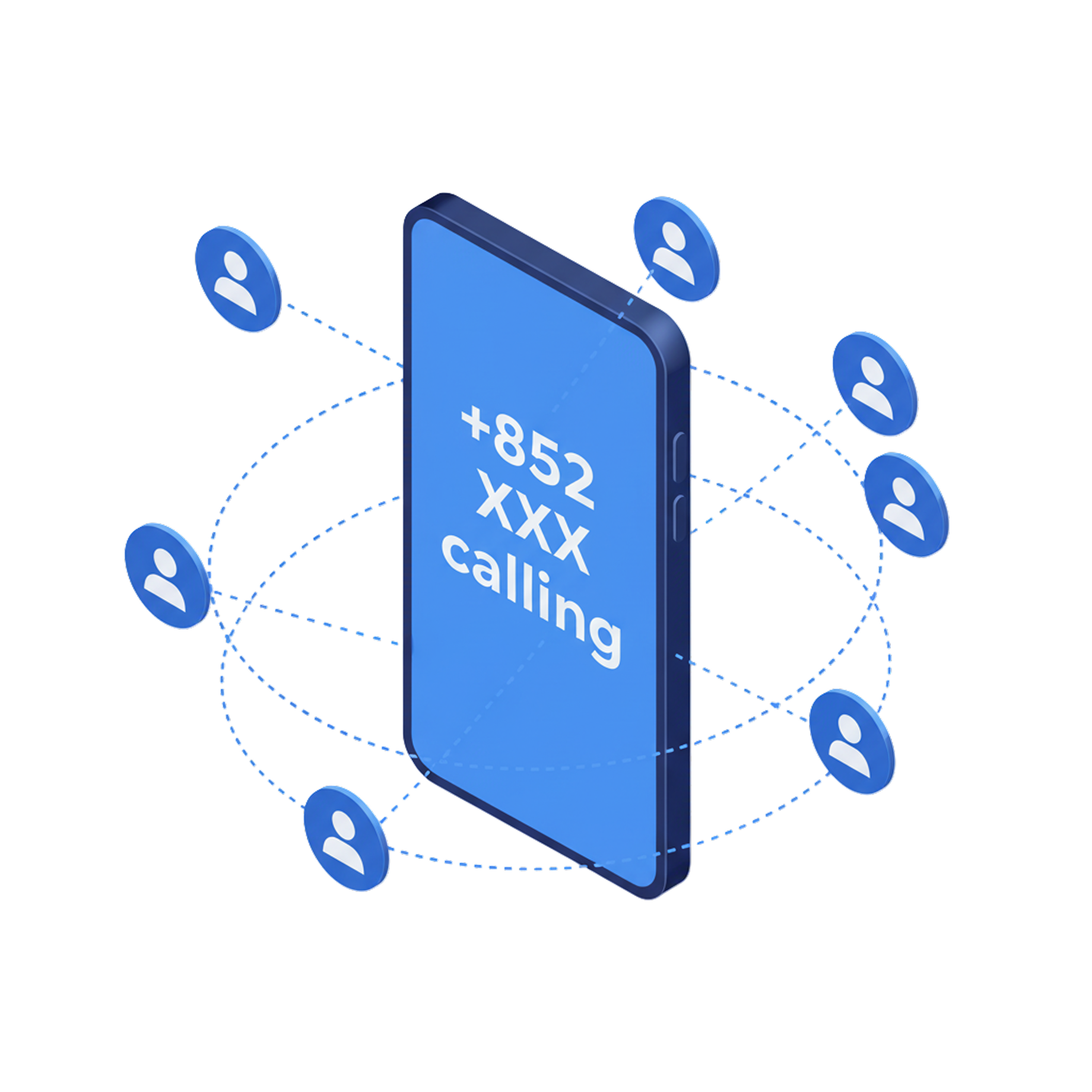手机屏幕显示号码+852 XXX calling，周围有多个用户图标连接，象征通话网络。