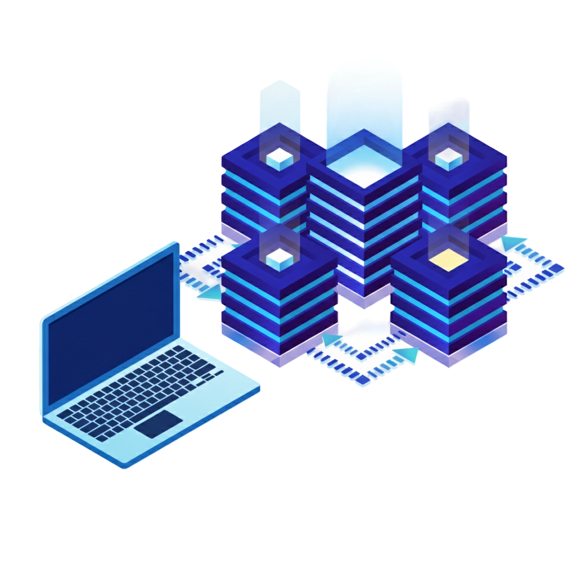 蓝色笔记本电脑连接四个堆叠的服务器,表示数据交换和网络连接。