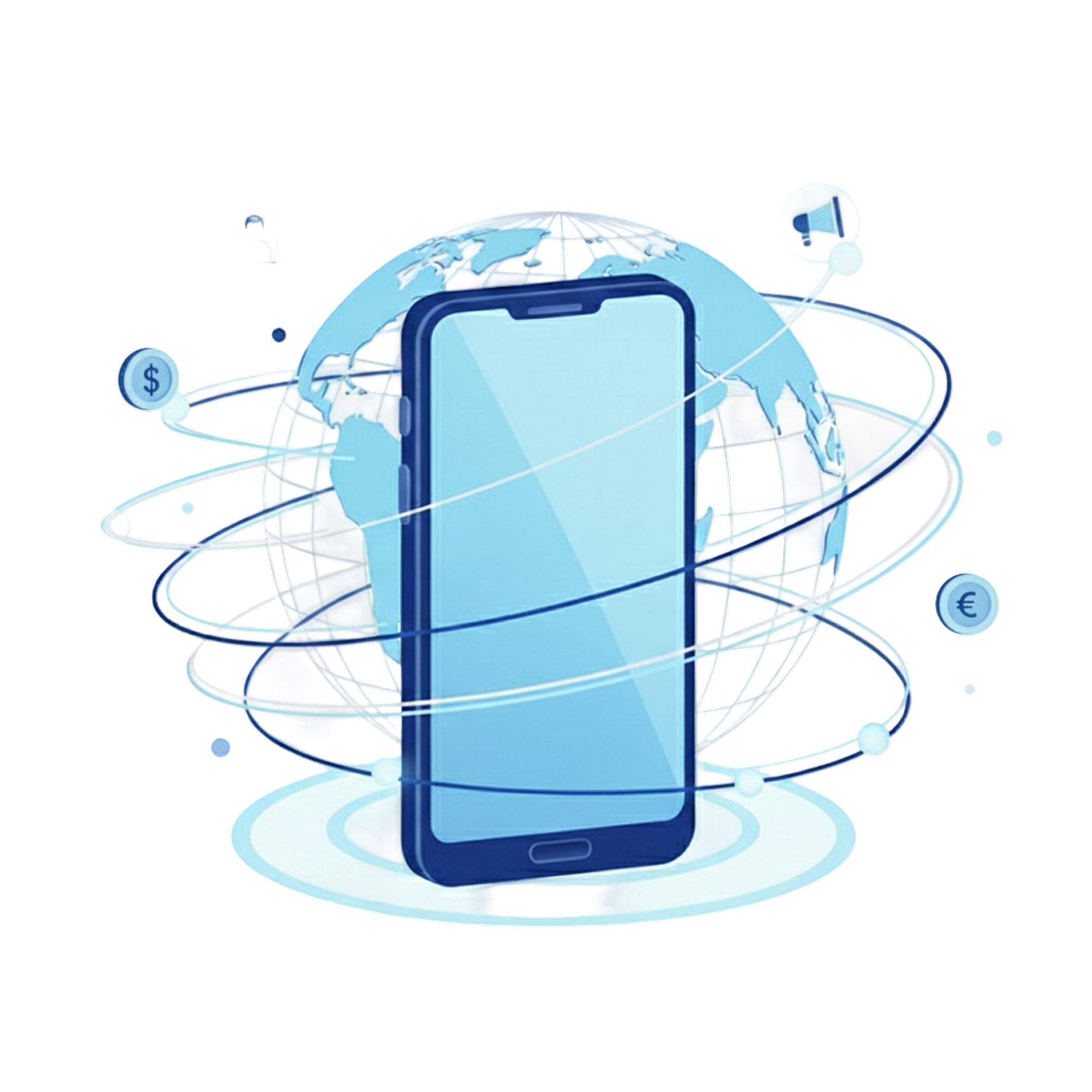 带有美元和欧元符号环绕的地球背景中的智能手机,代表全球移动通信和金融。