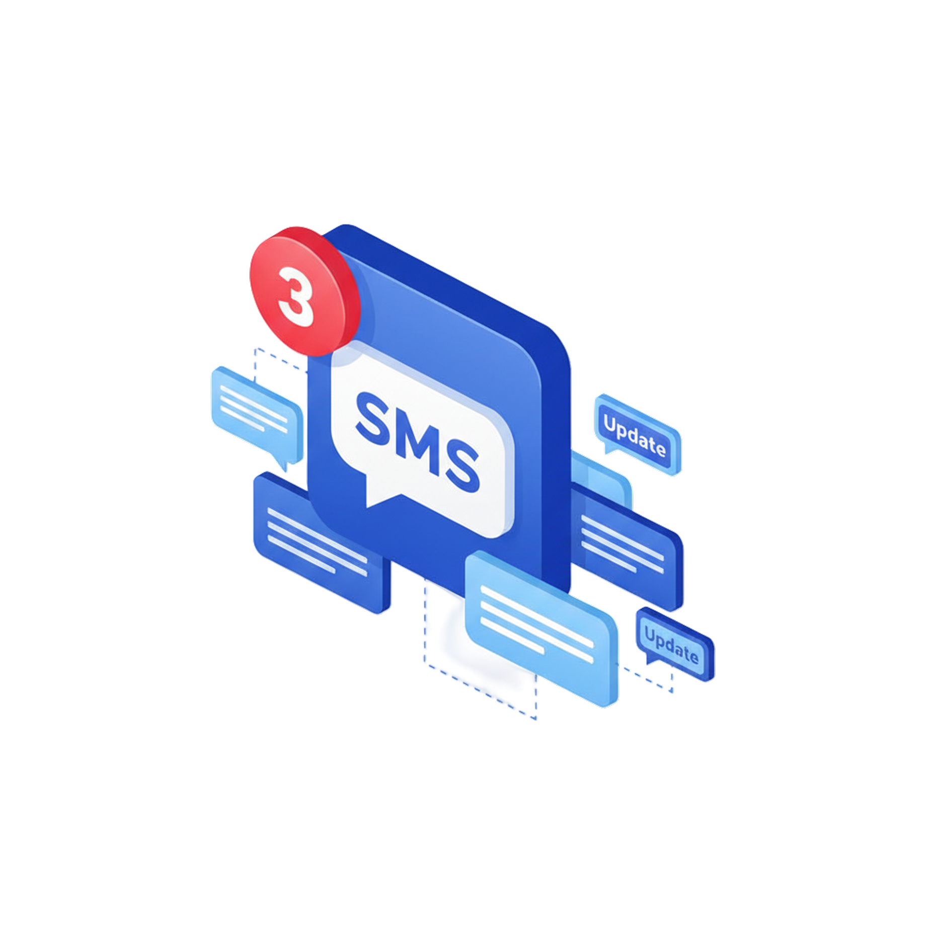 三条短信通知带有标记数字3和带有“更新”标签的聊天气泡。