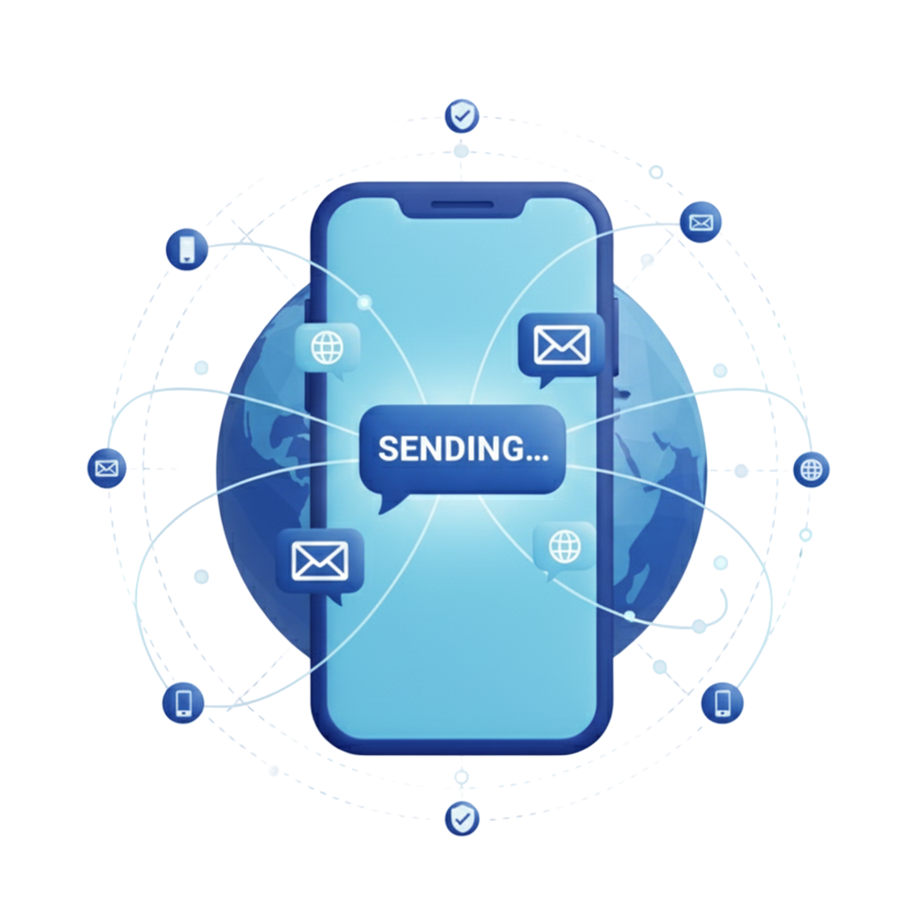 手机屏幕显示“发送中”,周围有地球和邮件、网页、手机图标,象征全球信息传输。