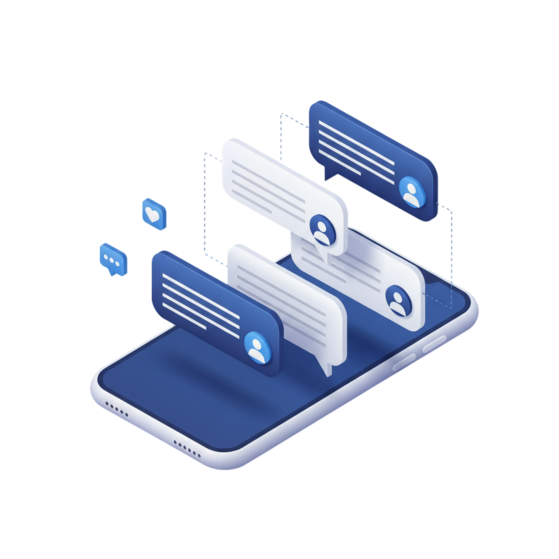 蓝色手机屏幕上浮动的多条聊天对话框,表示双向短信通信。