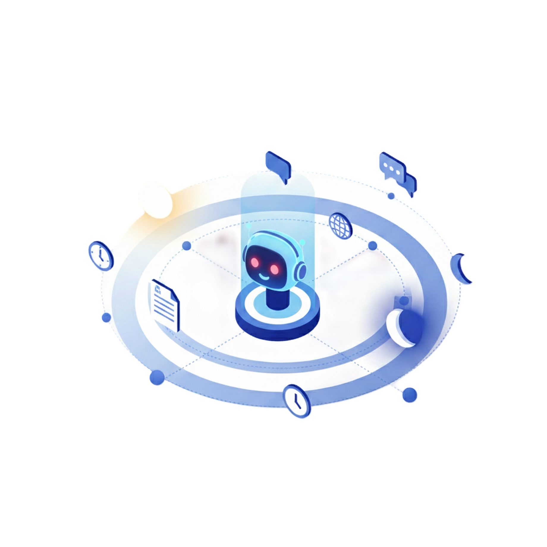中心有一个戴耳机的微笑聊天机器人,周围环绕着时钟、聊天气泡、地球和文件等图标,象征人工智能和通信。