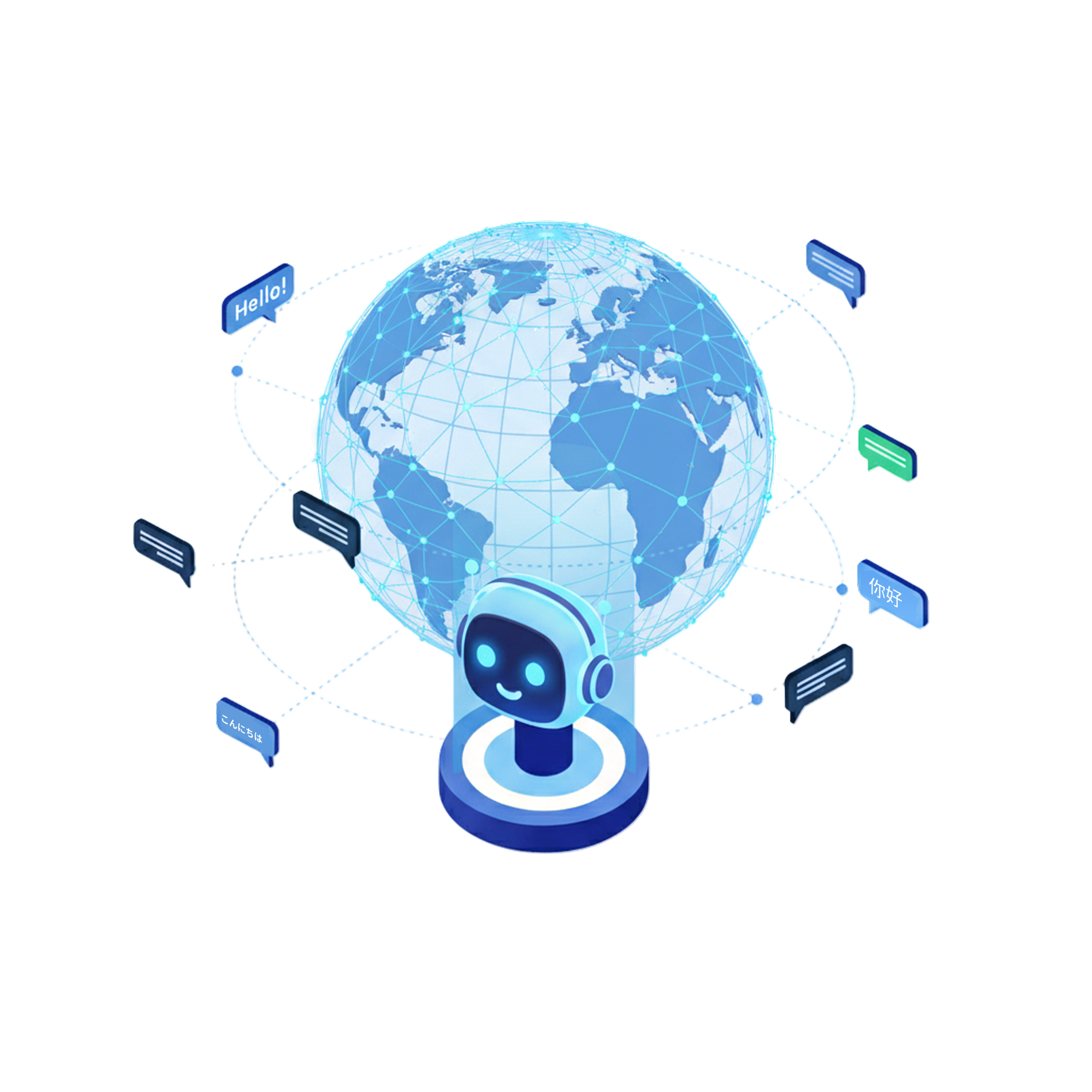 带耳机的友好机器人头像在全球网络连接的地球前,显示多语言聊天气泡。