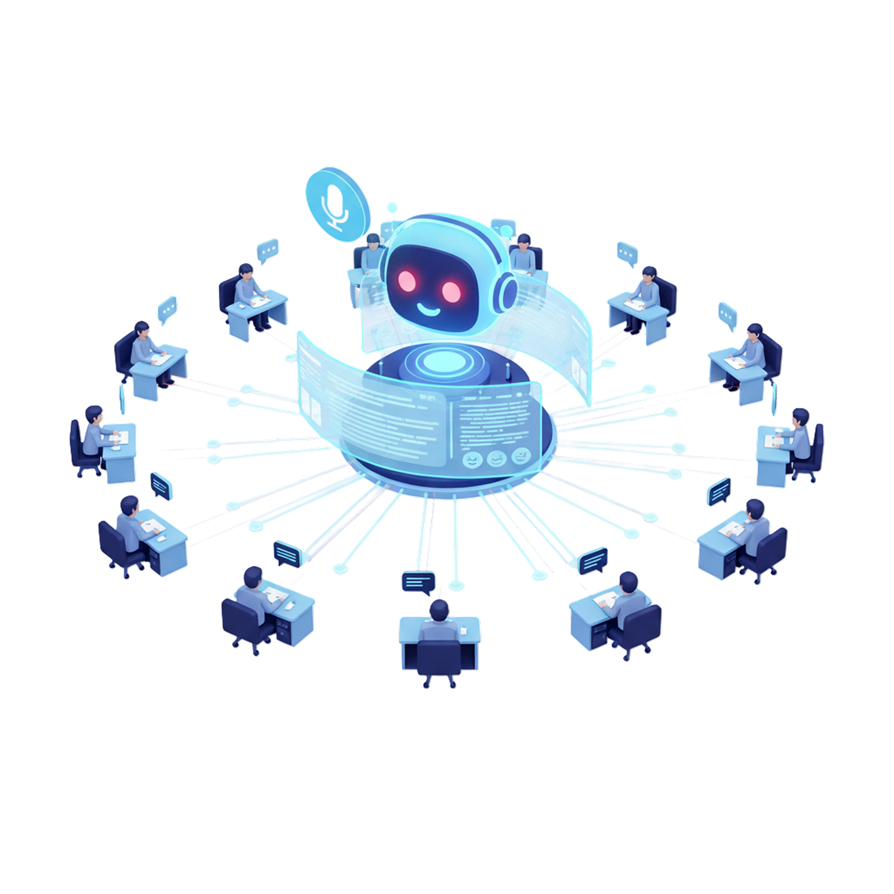 一个微笑的蓝色机器人在中心,连接着环绕的多人办公桌与对话气泡,象征高并发语音通话协调。