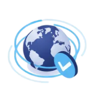 一个蓝色地球,周围环绕着几道浅蓝色环线,前景有一个带白色勾选标记的蓝色盾牌。