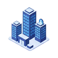 三座蓝色高楼建筑模型,其中一座楼顶装有卫星天线。