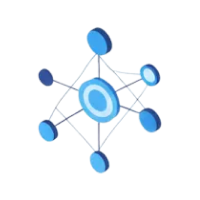 蓝色3D网络节点立体结构,中心环绕多个连接点。