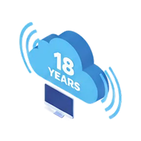 蓝色云朵图标,上面写着“18 YEARS”,下方连接一个显示屏,表示18年云计算服务。