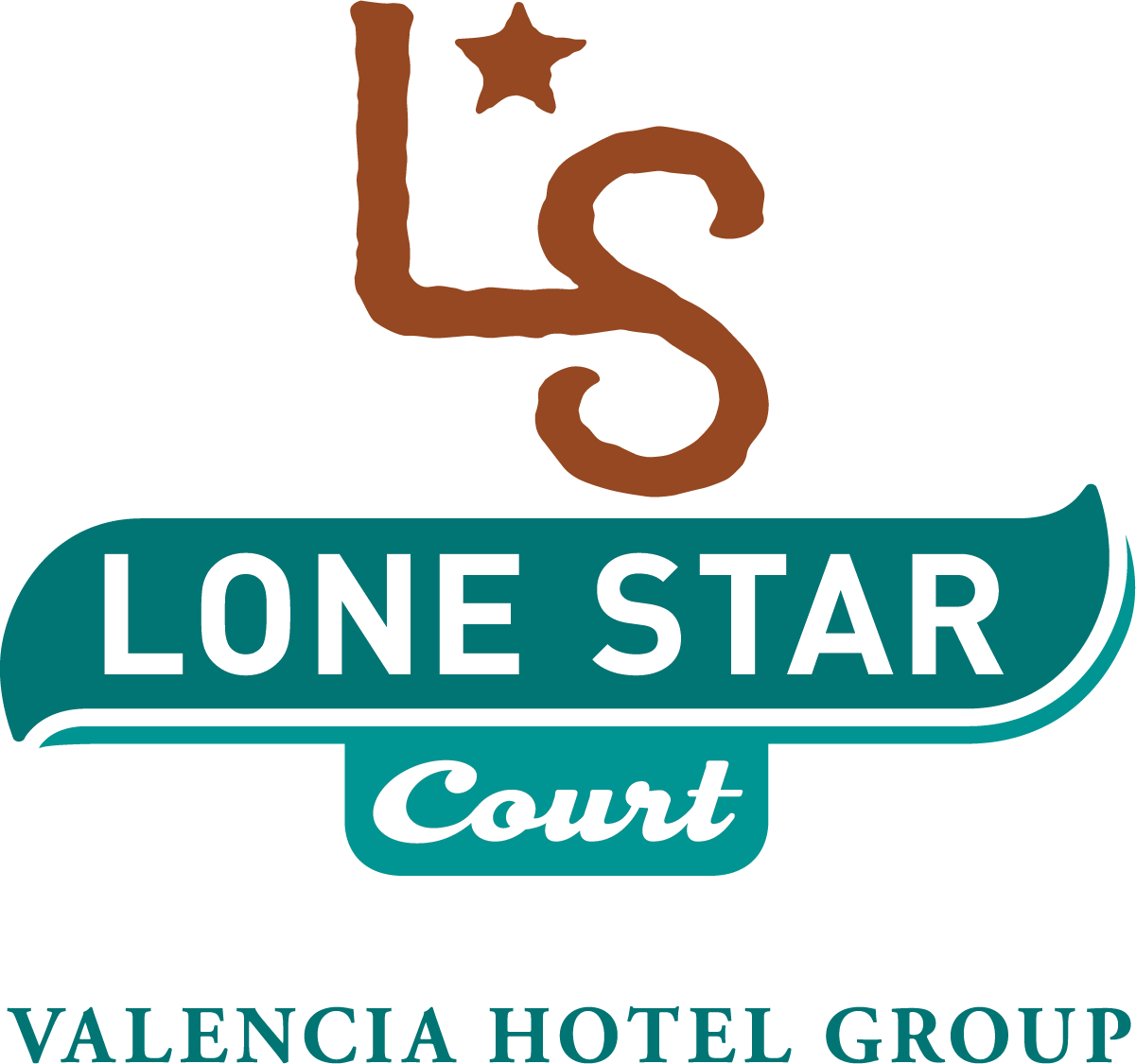 Logo with brown stylized 'LS' and star, teal banner reading 'Lone Star Court' and 'Valencia Hotel Group' text below.