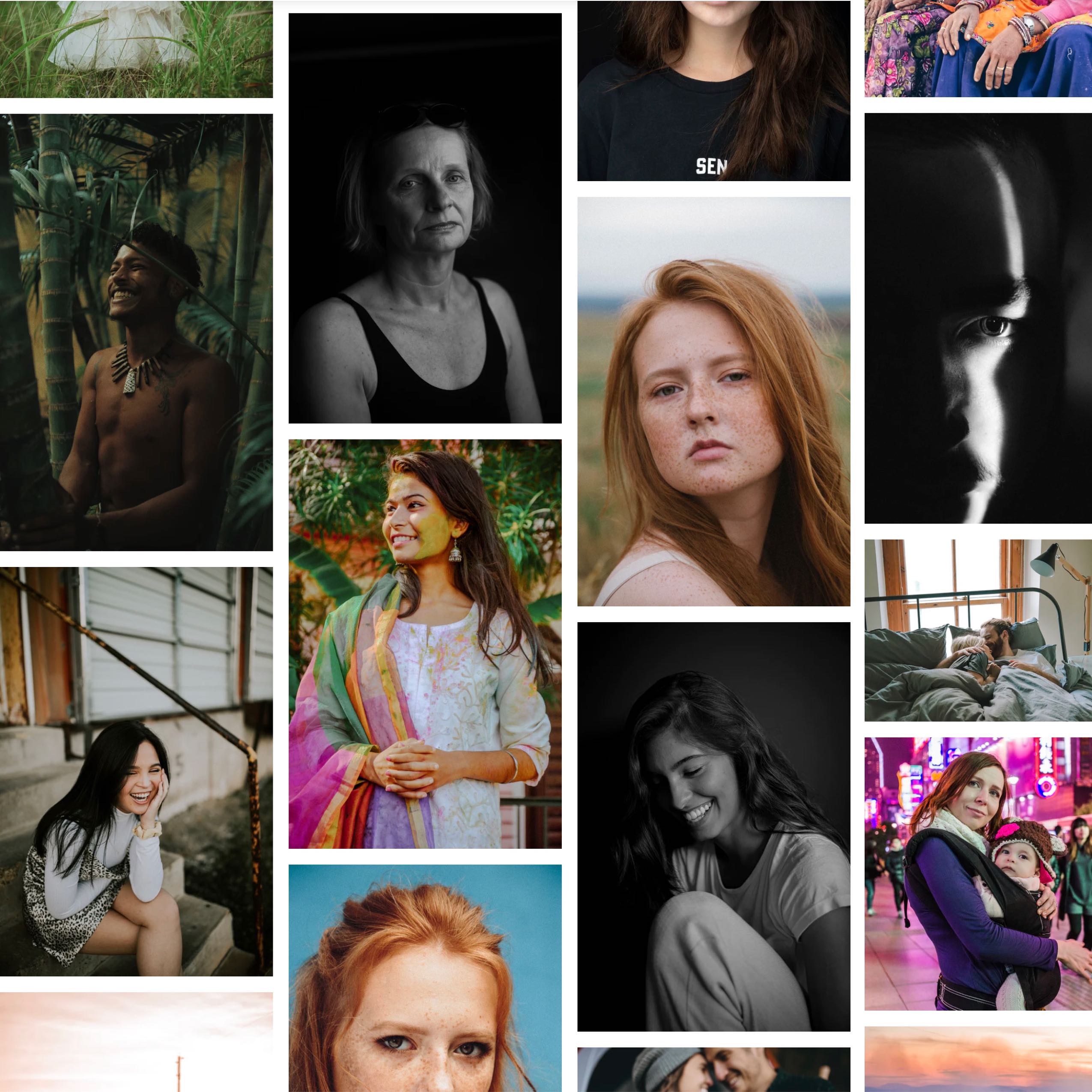 Collage of diverse people showing a range of emotions and cultural backgrounds, including portraits of smiling, contemplative, and relaxed individuals.