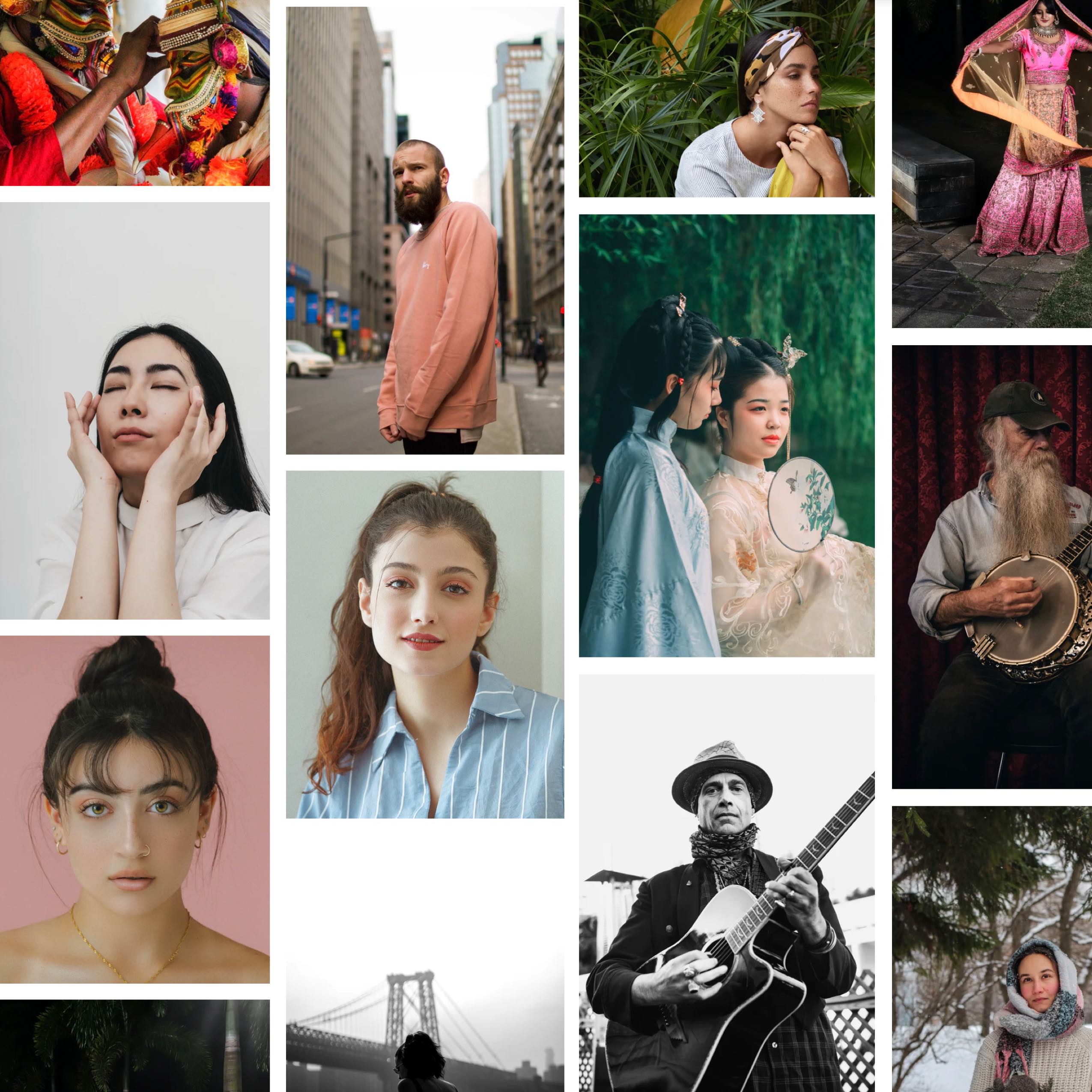 Collage of diverse portraits including traditional attire, street scene, thoughtful poses, musicians, and outdoor nature settings.