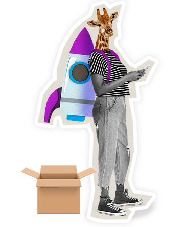 Person with a giraffe head wearing striped shirt and jeans, using a smartphone, with a purple and white rocket backpack and an open cardboard box nearby.
