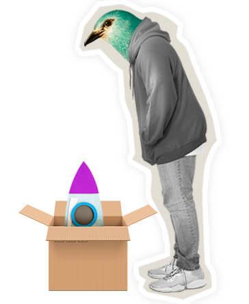 Person with a bird head wearing a gray hoodie and jeans, leaning forward to look into an open cardboard box containing a purple and blue rocket-shaped object.