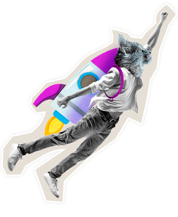 Person with a cat's head wearing a backpack, flying forward with a colorful rocket behind them.