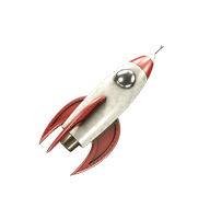 Retro-style silver and red rocket ship with porthole window.