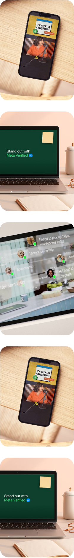 Collage of images showing a podcast recording on a smartphone, a laptop screen displaying 'Stand out with Meta Verified,' and a tablet with messaging apps open.