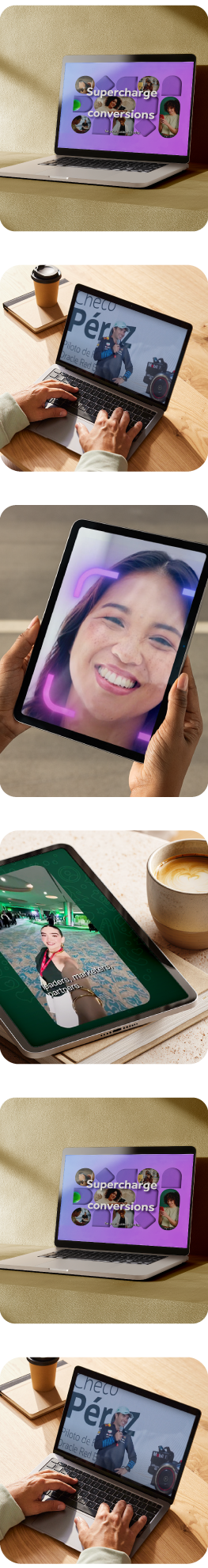 Collage of digital device screens showing a laptop with 'Supercharge conversions' text, a person using a laptop with a racing driver on screen, a tablet displaying a smiling woman's face, and a tablet with a person taking a selfie next to a coffee cup.