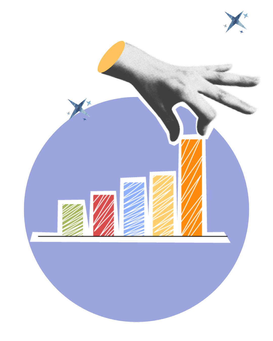 A stylized hand with a yellow cuff picking up the tallest orange bar from a multicolored ascending bar graph inside a blue circle.