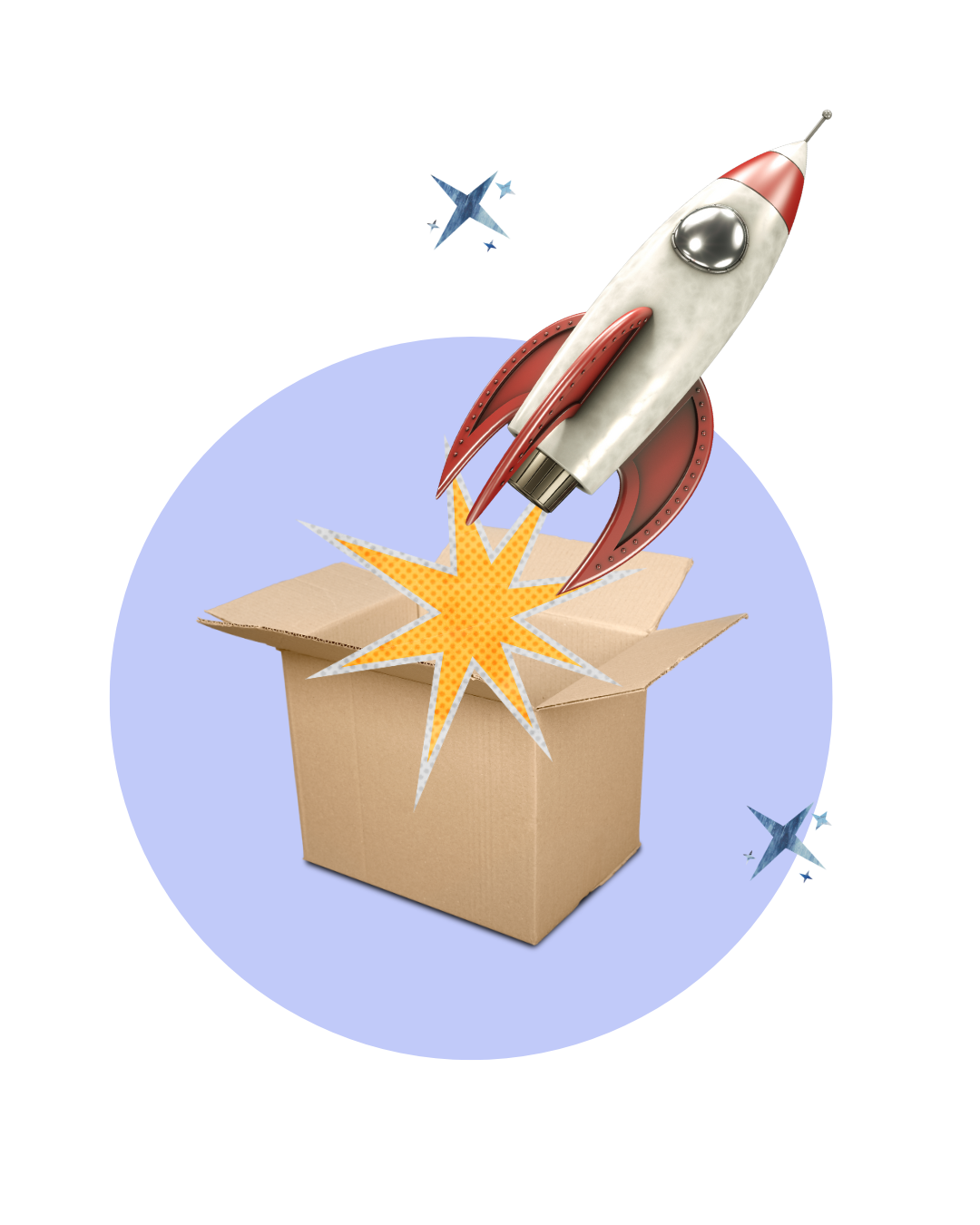 Four stylized blue stars of varying sizes on a transparent background.