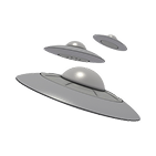 Three metallic flying saucers hovering, shown in a cluster with different sizes and angles.