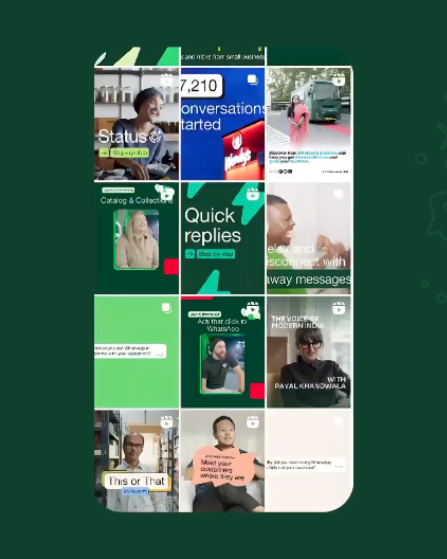 Tablet on books showing a WhatsApp video of a smiling woman taking a selfie at an indoor event with green lighting.