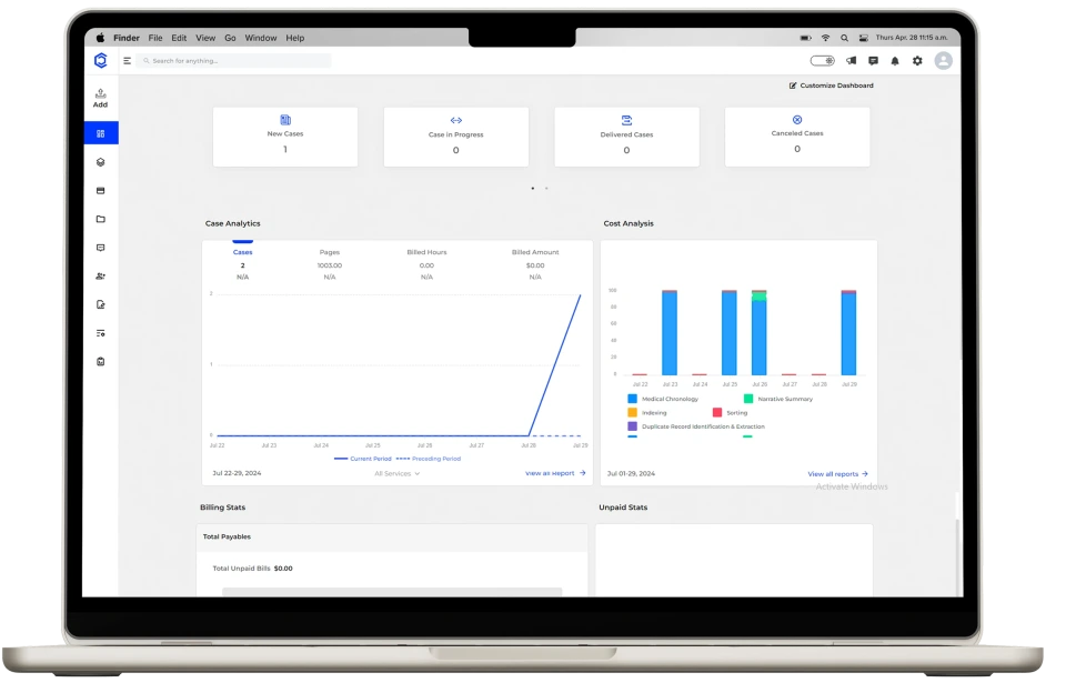 Laptop screen showing a dashboard with case analytics, cost analysis charts, and billing stats.