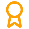 Orange ribbon award icon with a circular top and two ribbon tails.