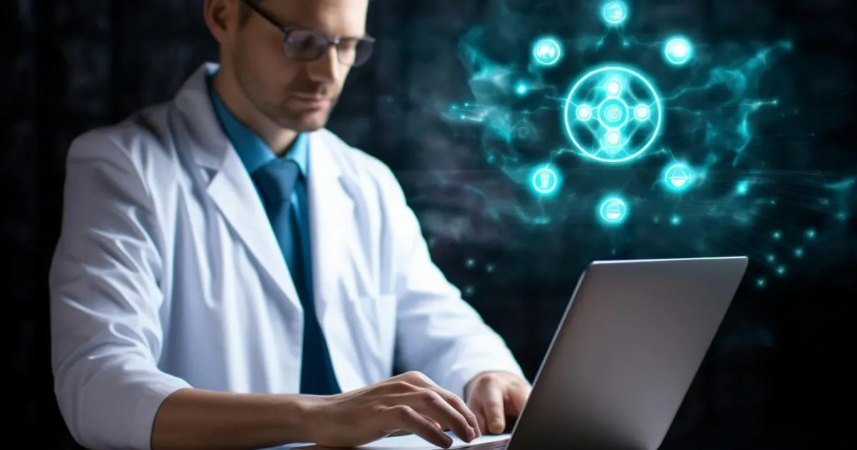 Grayscale image of hands typing on a laptop with a stethoscope.